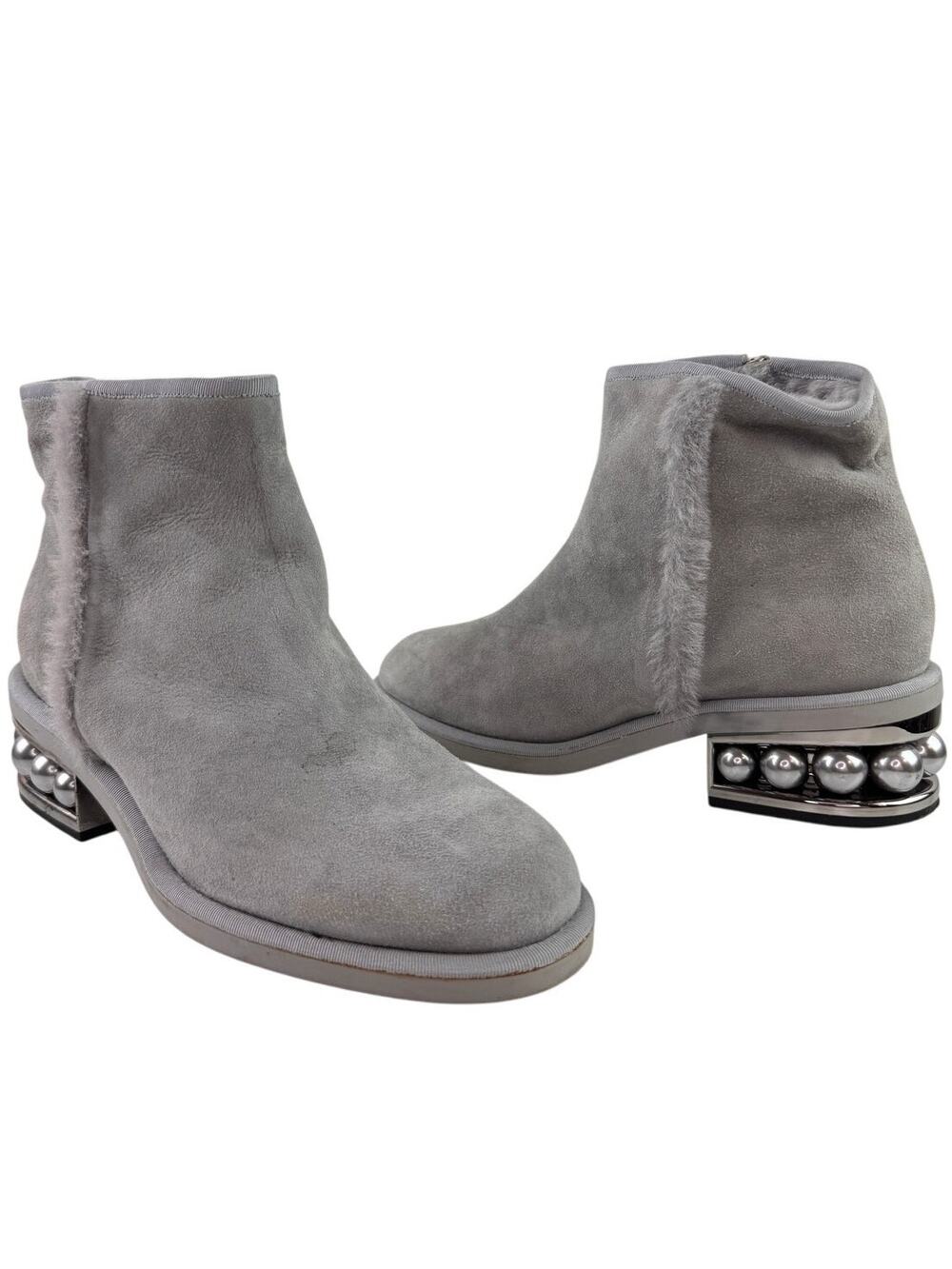 Nicholas Kirkwood Luna Booties 38.5 Gray Suede Pearl Heel Side Zip Ankle Boot